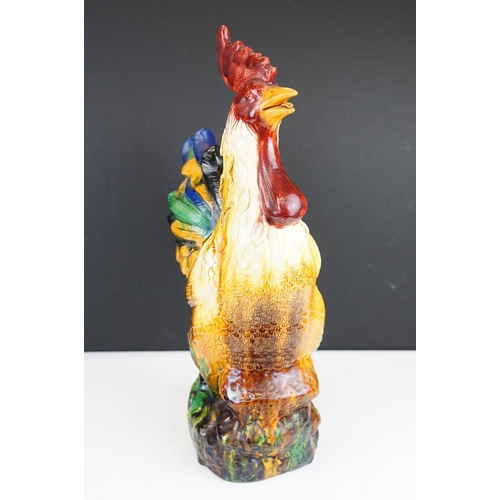 22 - Large Majolica ceramic figure of a cockerel, with polychrome decoration, stands approx 46cm high