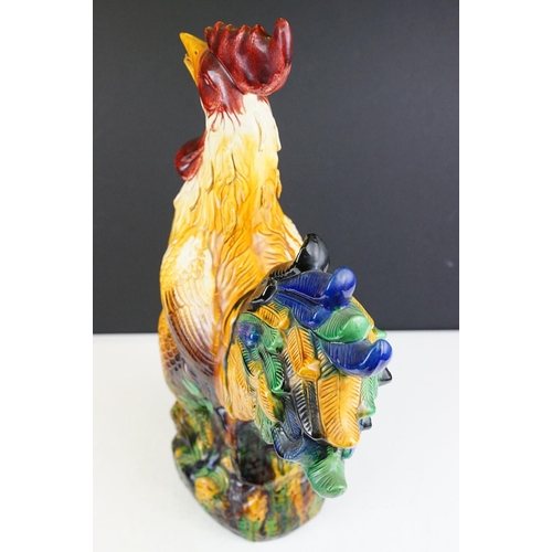 22 - Large Majolica ceramic figure of a cockerel, with polychrome decoration, stands approx 46cm high