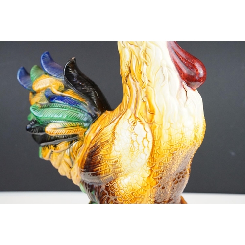 22 - Large Majolica ceramic figure of a cockerel, with polychrome decoration, stands approx 46cm high