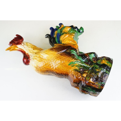 22 - Large Majolica ceramic figure of a cockerel, with polychrome decoration, stands approx 46cm high