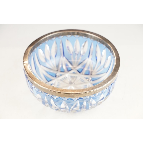 24 - Early-to-mid 20th century blue flash cut glass circular bowl with silver hallmarked rim, London 1931... 