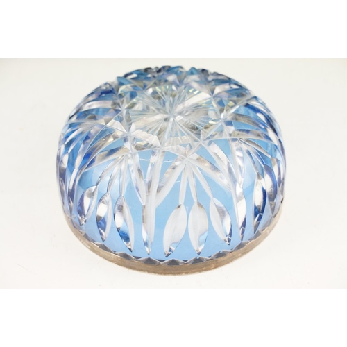 24 - Early-to-mid 20th century blue flash cut glass circular bowl with silver hallmarked rim, London 1931... 