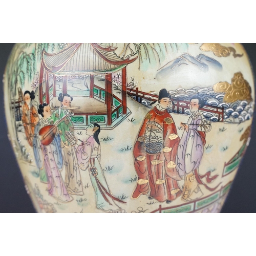 30 - Early 20th century Japanese Satsuma vase with applied handles, decorated with figures in a landscape... 