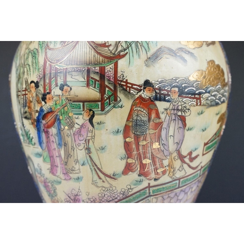 30 - Early 20th century Japanese Satsuma vase with applied handles, decorated with figures in a landscape... 