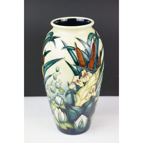 4 - Moorcroft 'Bulrush & Waterlily ' pattern pottery vase of tapering form, impressed marks and 'WM' ini... 