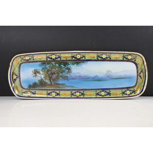 79 - Japanese Noritake tray with hand painted decoration of lake scene with mountains beyond, measures ap... 