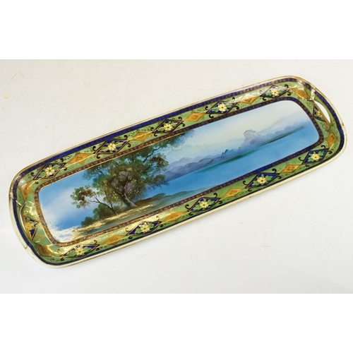 79 - Japanese Noritake tray with hand painted decoration of lake scene with mountains beyond, measures ap... 