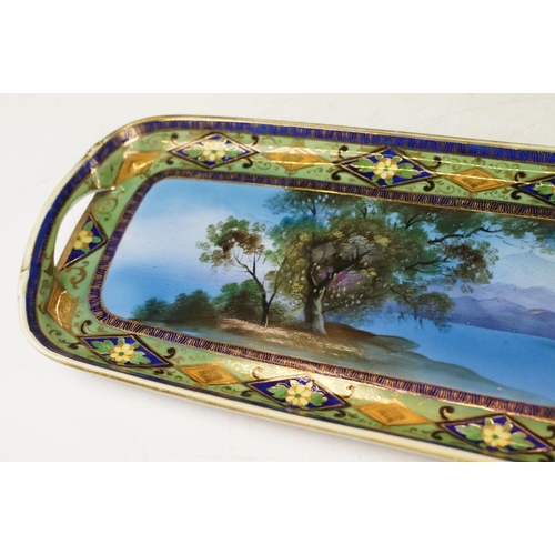 79 - Japanese Noritake tray with hand painted decoration of lake scene with mountains beyond, measures ap... 