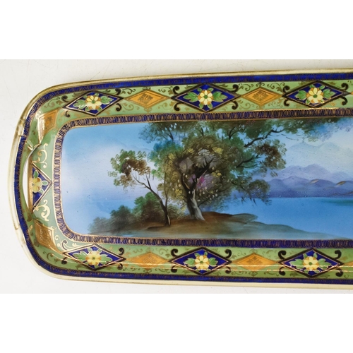 79 - Japanese Noritake tray with hand painted decoration of lake scene with mountains beyond, measures ap... 