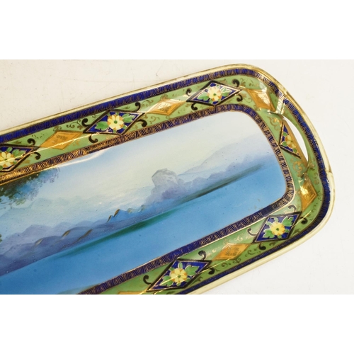 79 - Japanese Noritake tray with hand painted decoration of lake scene with mountains beyond, measures ap... 