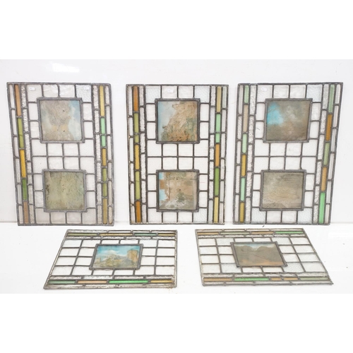 123 - Five leaded stained glass windows with photographic panels, largest approx 68cm x 46cm