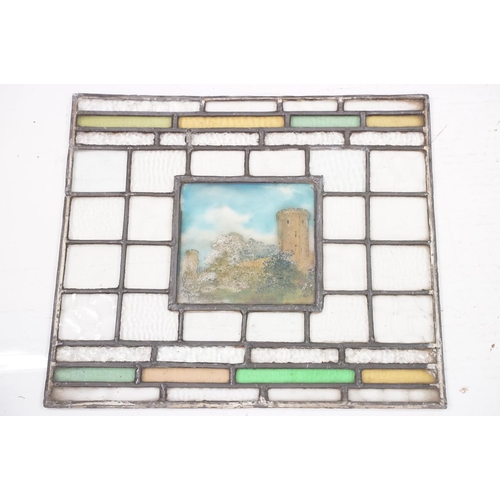 123 - Five leaded stained glass windows with photographic panels, largest approx 68cm x 46cm