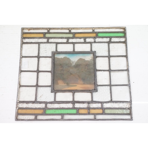 123 - Five leaded stained glass windows with photographic panels, largest approx 68cm x 46cm