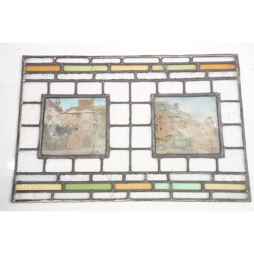 123 - Five leaded stained glass windows with photographic panels, largest approx 68cm x 46cm