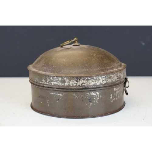 170 - Indian metal spice box of cylindrical form, opening to a compartmented interior, with brass carry ha... 