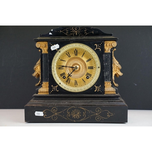 172 - Late Victorian slate mantle clock, the gilt dial with black Roman numerals, the case with column & m... 