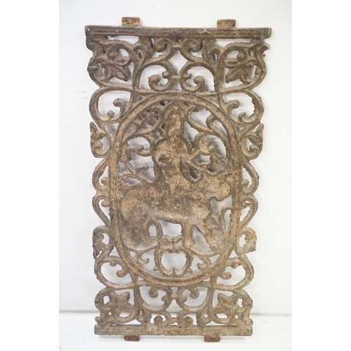 367 - Antique Indian cast iron wall panel featuring a Goddess Durga riding a tiger within a pierced scroll... 