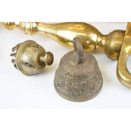 389 - A small collection of mixed brassware to include a fireside vesta in the form of a fly, fire dogs, d... 