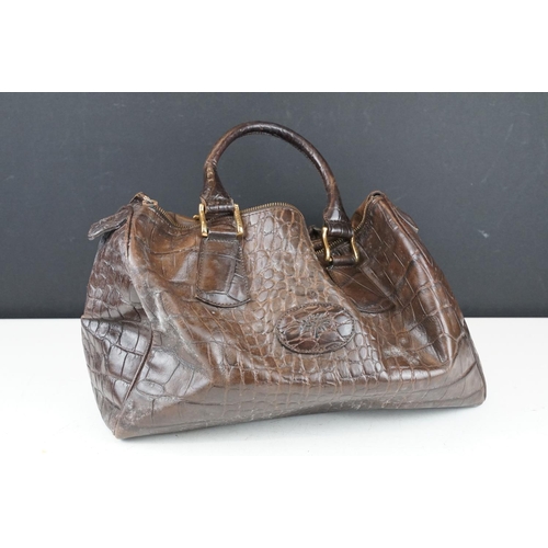 397 - Mulberry dark brown leather crocodile effect handbag, with Mulberry storage bag, 20cm high x 35cm wi... 