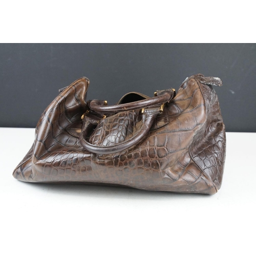 397 - Mulberry dark brown leather crocodile effect handbag, with Mulberry storage bag, 20cm high x 35cm wi... 