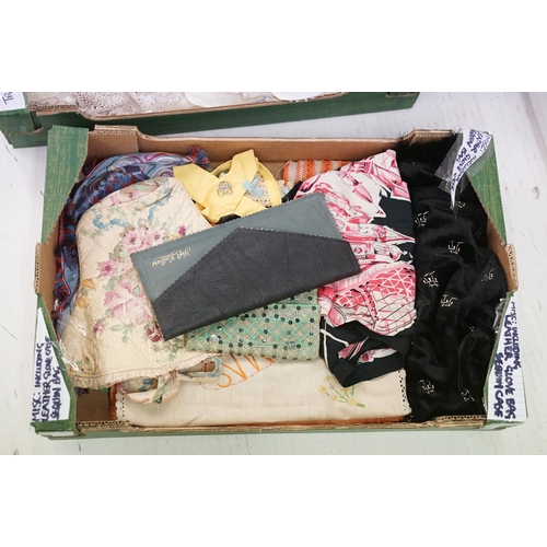 403 - Five boxes of linen and textiles to include: lace, Christening gowns, baby clothes, gloves, bags, li... 