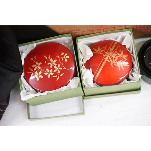 407 - Collection of Chinese collectables to include: four sets of lacquered coasters, (two sets boxed) and... 