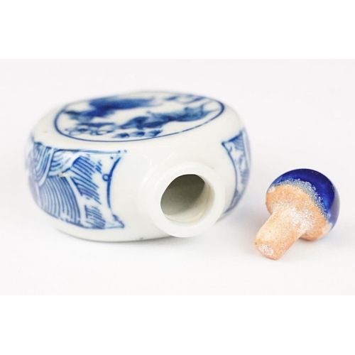 49 - Two Chinese blue and white ceramic snuff bottles with traditional Chinese decoration.