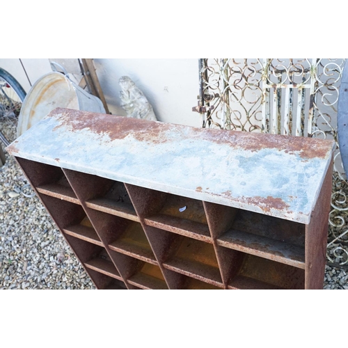 509 - Weathered metal cabinet with 16 pigeon holes, approx 90cm H x 91cm W