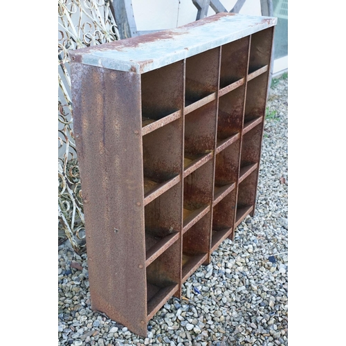 509 - Weathered metal cabinet with 16 pigeon holes, approx 90cm H x 91cm W