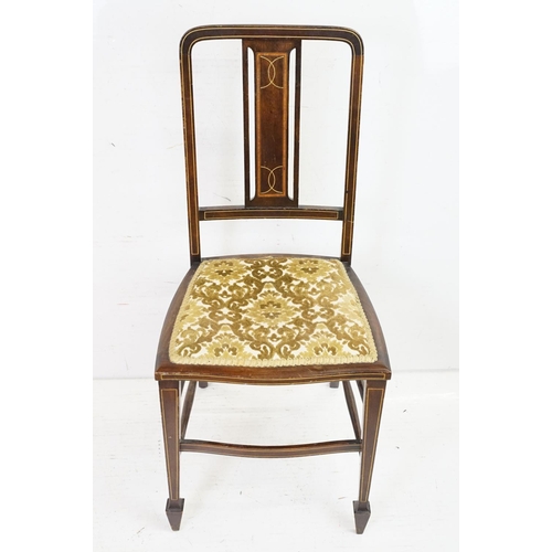 518 - Edwardian mahogany bedroom chair with pierced and inlaid, strung splat back on turned tapering legs ... 