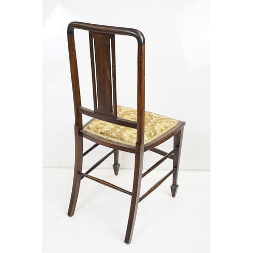 518 - Edwardian mahogany bedroom chair with pierced and inlaid, strung splat back on turned tapering legs ... 