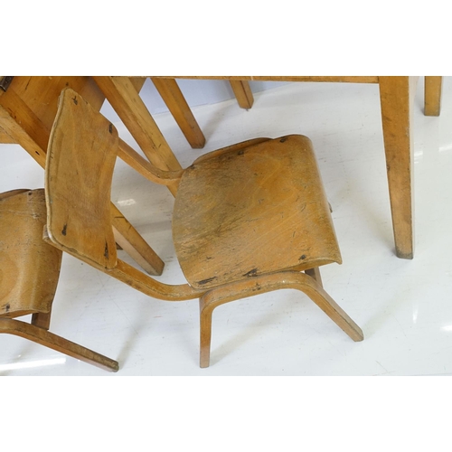 527 - Two mid century school desks and chairs, the desks - 72cm high x 60.5cm wide x 50.5cm deep