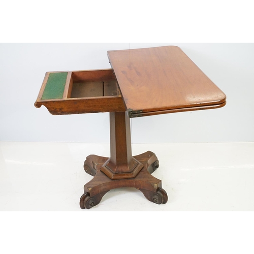 536 - William IV mahogany games table, top swivels to reveal enclosure, partially green baize lined, on ta... 