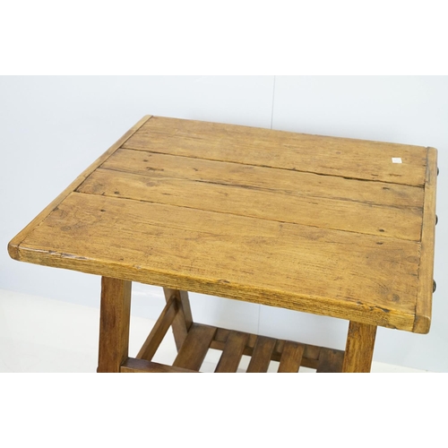 553A - Early vintage pine work table with underslung drawer and pot shelf below, 81.5cm high x 75cm wide x ... 