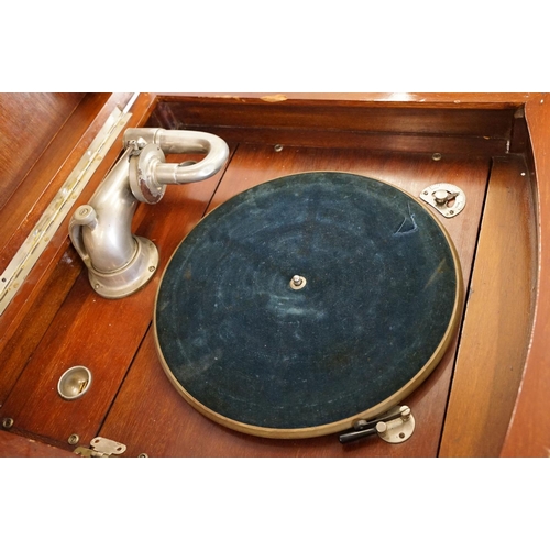 578 - Paragon, London, mahogany gramophone cabinet with parquetry inlay, with three shelves inside lower d... 