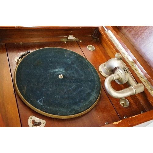 578 - Paragon, London, mahogany gramophone cabinet with parquetry inlay, with three shelves inside lower d... 