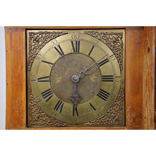 590 - Pine longcase clock, the brass chapter ring signed Thomas Pinfold, Middleton Cheney, the hood with c... 