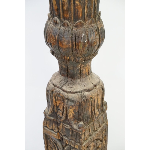 591 - Carved wooden post of large proportions, possibly North Indian, 200cm high x 16cm deep x 17cm wide