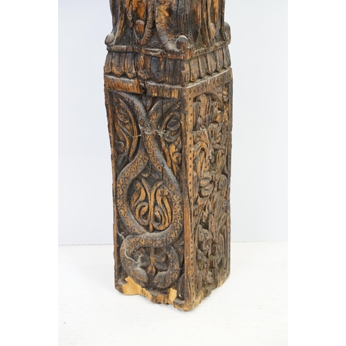 591 - Carved wooden post of large proportions, possibly North Indian, 200cm high x 16cm deep x 17cm wide