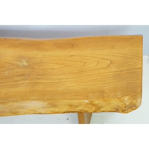 595 - Polished plank bench of rustic form with x-shaped supports, 37.5cm high x 117cm wide x 37cm deep