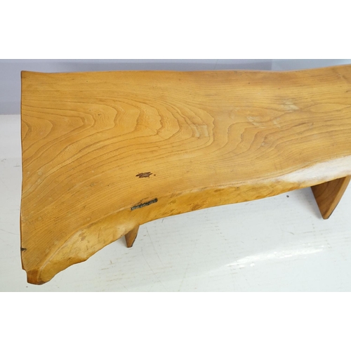 595 - Polished plank bench of rustic form with x-shaped supports, 37.5cm high x 117cm wide x 37cm deep