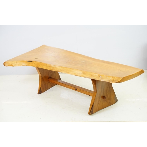 595 - Polished plank bench of rustic form with x-shaped supports, 37.5cm high x 117cm wide x 37cm deep