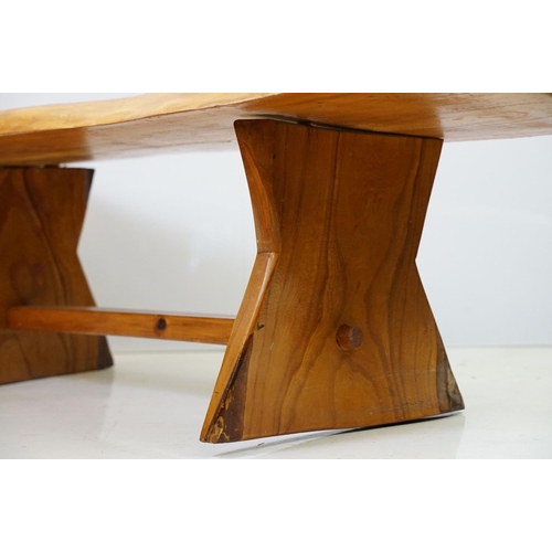 595 - Polished plank bench of rustic form with x-shaped supports, 37.5cm high x 117cm wide x 37cm deep