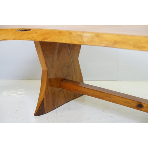 595 - Polished plank bench of rustic form with x-shaped supports, 37.5cm high x 117cm wide x 37cm deep