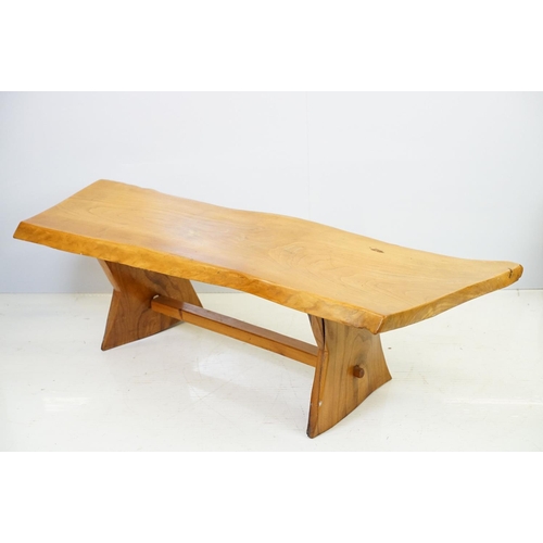 595 - Polished plank bench of rustic form with x-shaped supports, 37.5cm high x 117cm wide x 37cm deep