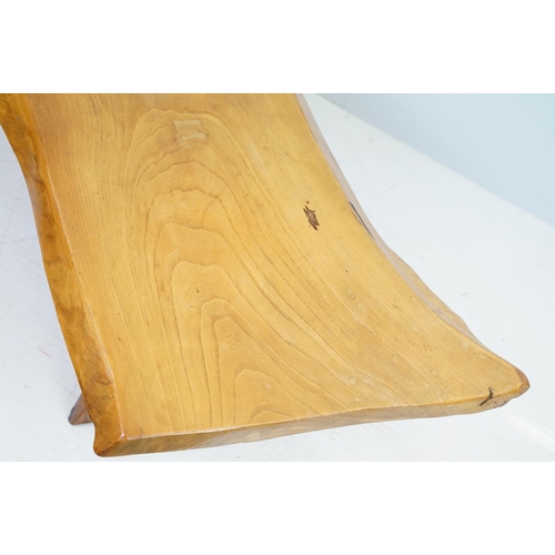 595 - Polished plank bench of rustic form with x-shaped supports, 37.5cm high x 117cm wide x 37cm deep