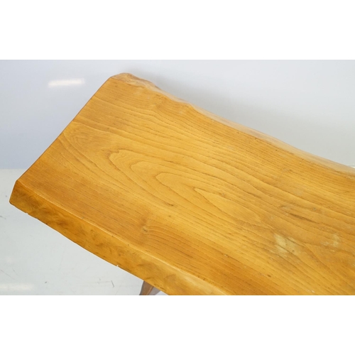 595 - Polished plank bench of rustic form with x-shaped supports, 37.5cm high x 117cm wide x 37cm deep