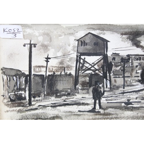 426 - Railway Sheds, watercolour, 11.5 x 29cm, framed and glazed