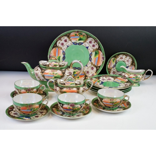 100 - Vintage mid 20th Century Japanese Samurai tea service having a green ground with hand painted detail... 