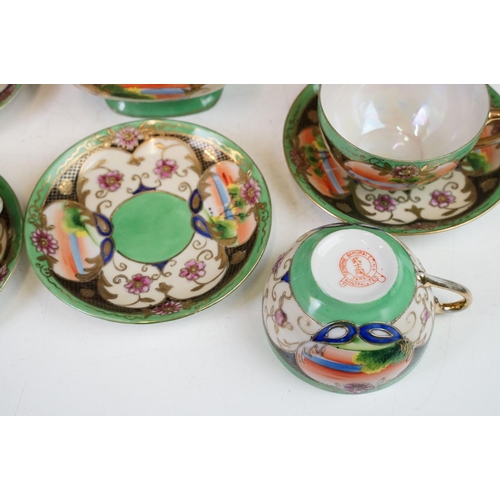 100 - Vintage mid 20th Century Japanese Samurai tea service having a green ground with hand painted detail... 